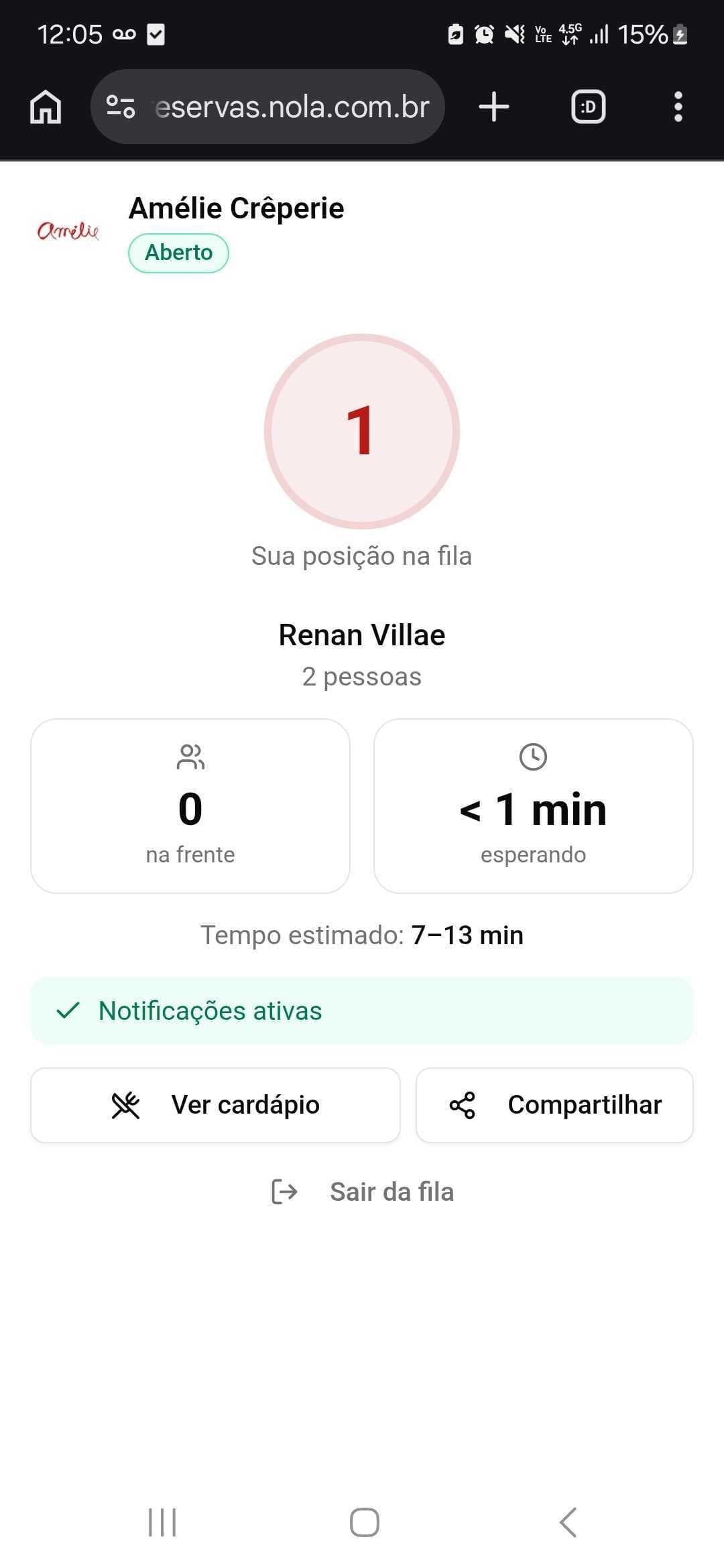 Tela do cliente na fila — posição e tempo estimado