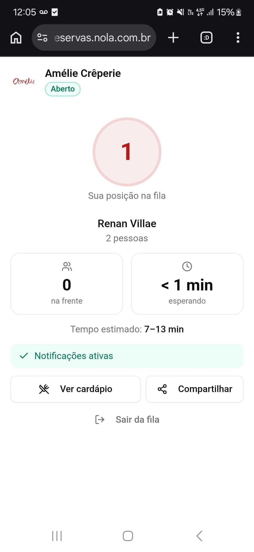 Fila digital Nola — posição na fila, tempo estimado, Amélie Crêperie