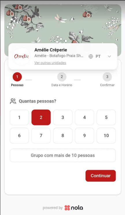 Widget de reservas Nola — cliente escolhe número de pessoas para reservar